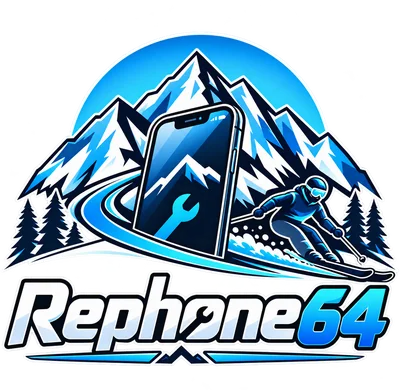 Logo Rephone Ski : skieur et téléphone devant les montagnes